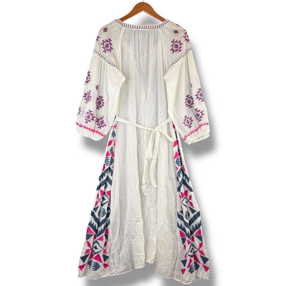 Raj Ivory/Pink Embroidery Geometric Artisanal Maxi Long Sleeve Boho Dress Size L - Picture 3 of 10